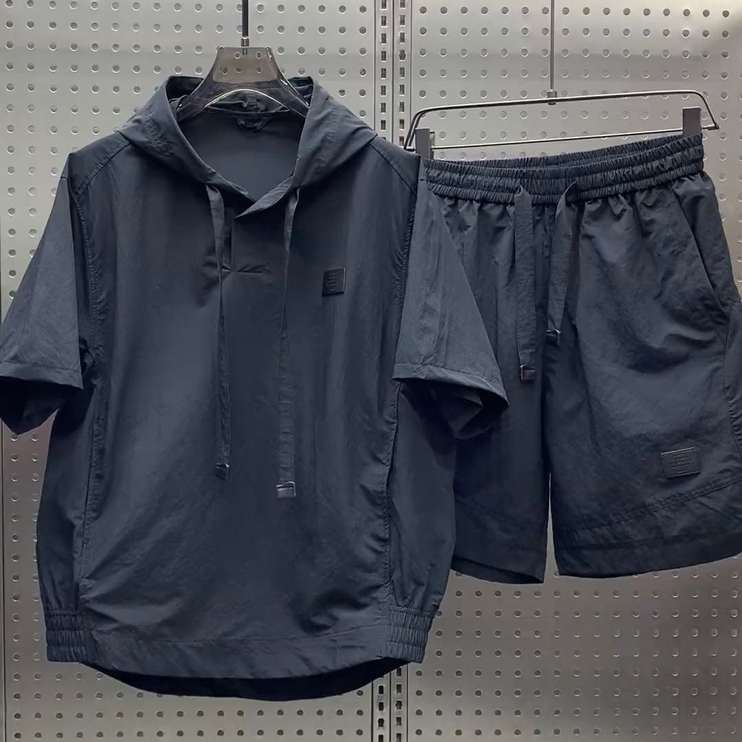 Men's Clothing Summer Thin Breathable Sunscreen Hooded Short Sleeved Shorts Two Piece Suit Men's Trendy Simple Solid Color Loose Casual Suit_viptrois.com