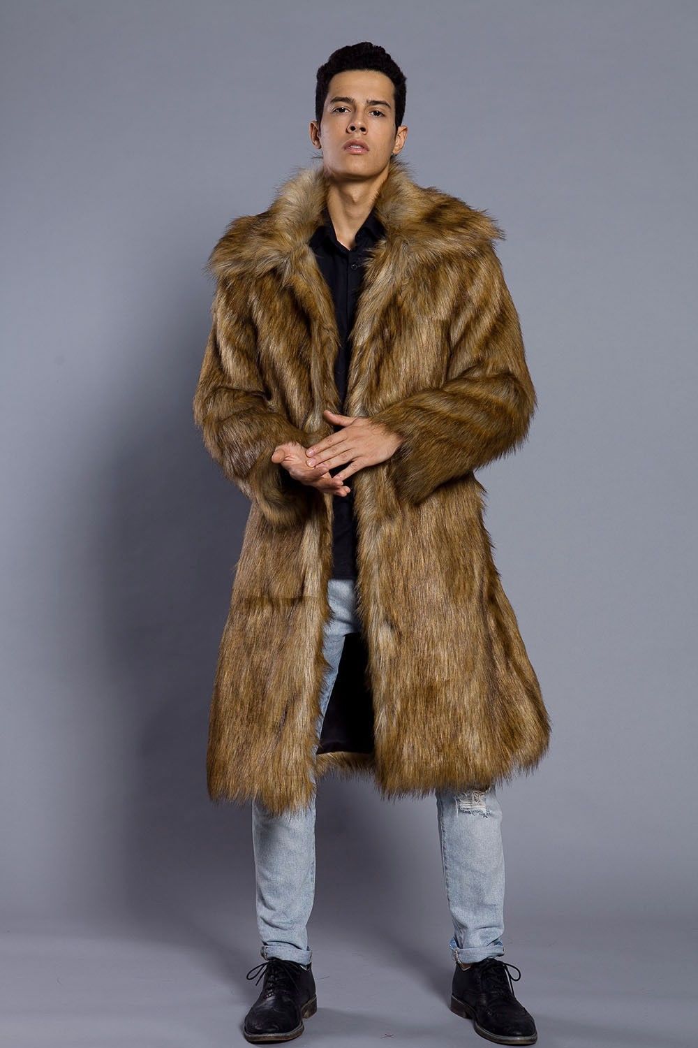 Men's Long Faux Fur Coat With Black And White Color Blocking, Winter Fashion Outerwear For Trendy Style_viptrois.com
