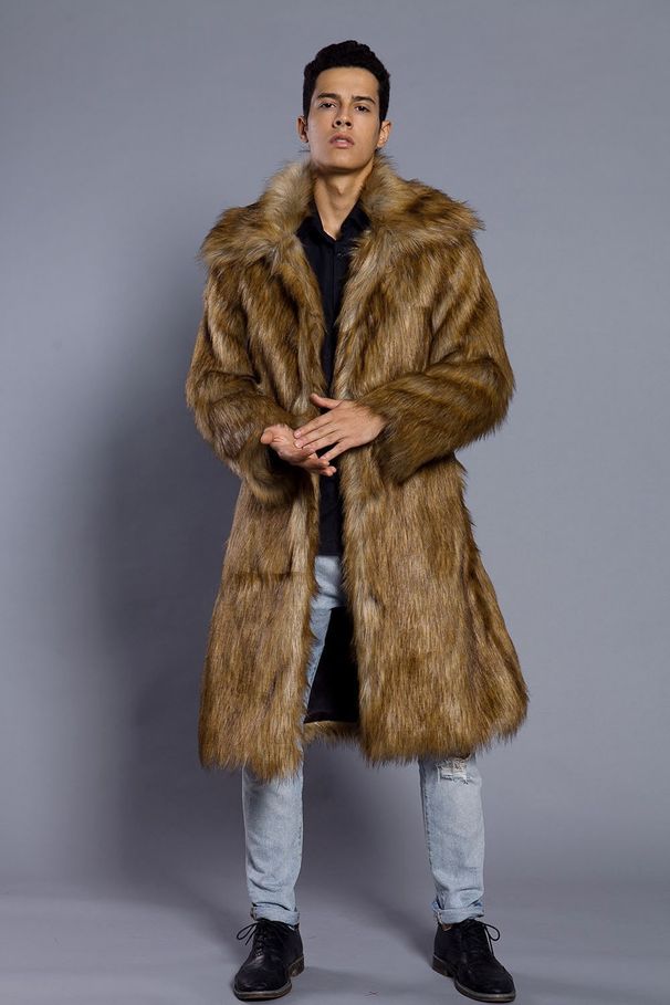 Men's Long Faux Fur Coat With Black And White Color Blocking, Winter Fashion Outerwear For Trendy Style_viptrois.com