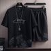 Men's Clothing T-shirt Suit Men's Summer New Snow Mountain Print Fashion Trend Korean Version Of Slim Fit Large Size Sports Two-piece Set_viptrois.com