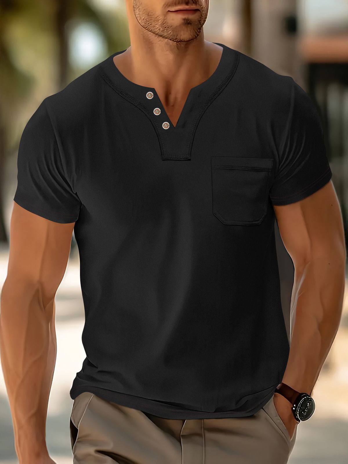Men's Clothing Casual V Neck Shirt Fashion Trend Sports Slim Pocket Short Sleeve T Shirt_viptrois.com