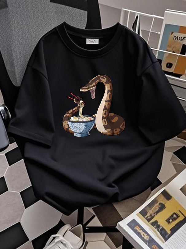 Funny Ramen Snake Ball Python T-Shirt S- 4XL Homme Stretched Casual Comfortable Unisex Top For Everyday Wear Soft Slightly Stylish Summer Fashion_viptrois.com
