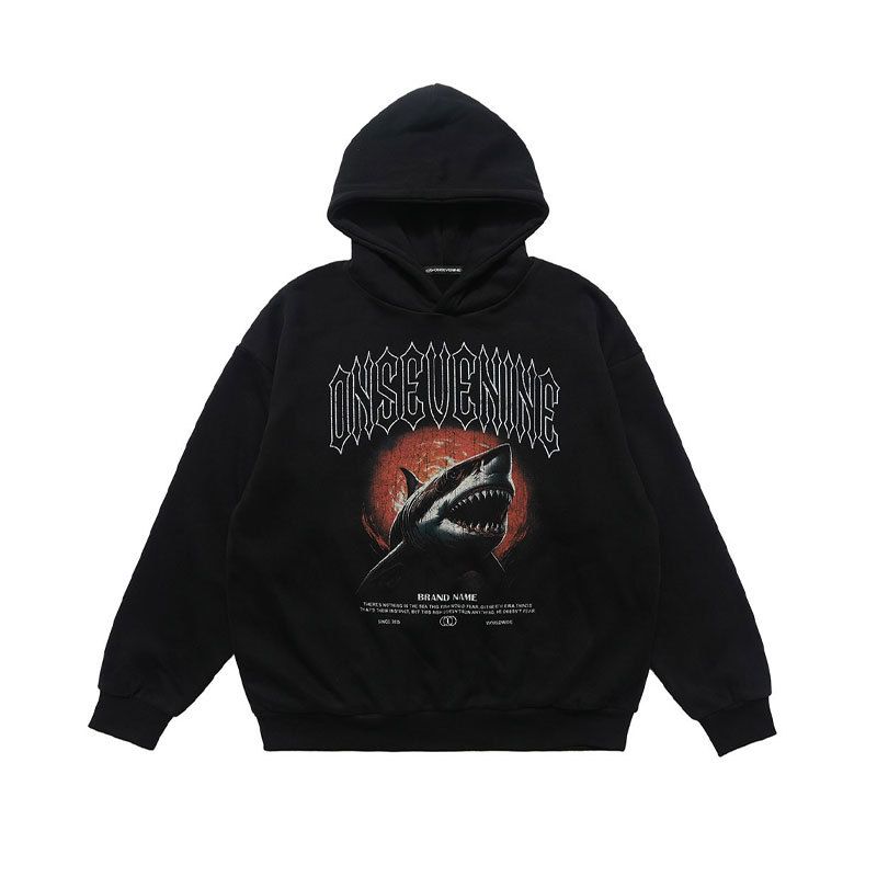 Men's Hooded Sweatshirt, Fleece Lined, Thickened, Trendy Shark Print, Loose Fit Pullover Hoodie_viptrois.com