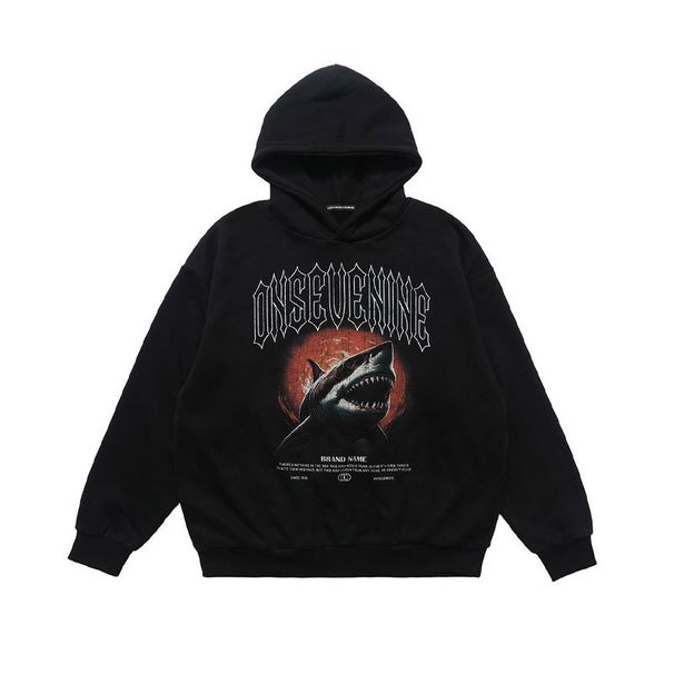 Men's Hooded Sweatshirt, Fleece Lined, Thickened, Trendy Shark Print, Loose Fit Pullover Hoodie_viptrois.com