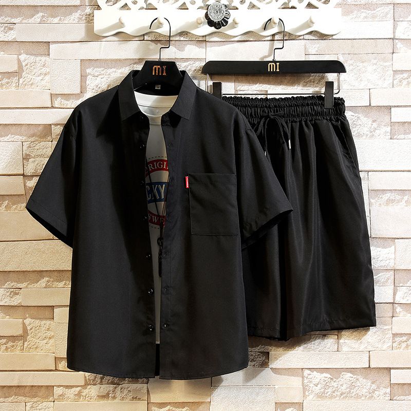 Men's Clothing Fashion Short Sleeved Shirt Suit Casual Solid Color Shirt Shorts Sports Two Piece Suit_viptrois.com