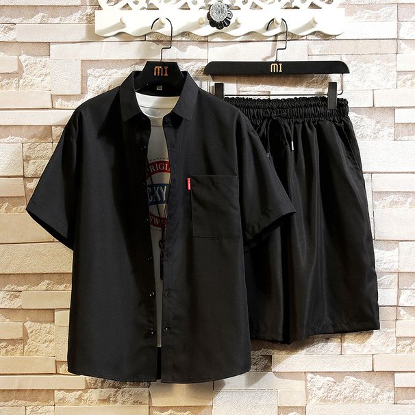 Men's Clothing Fashion Short Sleeved Shirt Suit Casual Solid Color Shirt Shorts Sports Two Piece Suit_viptrois.com