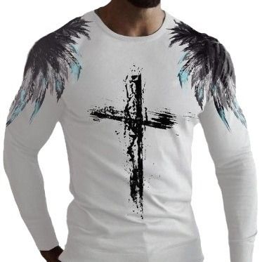 Men's Crew Neck T-Shirt 3D Printed Wing & Cross Pattern Long Sleeved Fashion Pullover Top Breathable Polyester Machine Washable_viptrois.com