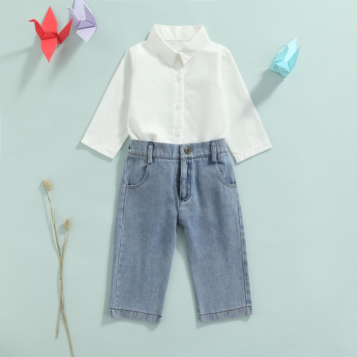 Mother&Kids Girls' suit long-sleeved children's suit Baby clothes Children's shirt denim two-piece suit_viptrois.com