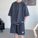 Men's Clothing Short Sleeved T Shirt Casual Sports Suit Waffle Loose Half Sleeved T Shirt Shorts Two Piece Suit_viptrois.com
