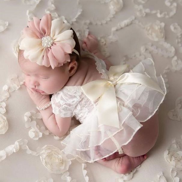 Baby Photography Props Outfit Lace Bowknot Skirt with Flower Headband for Newborn Infant Girls Photo Taking Accessories Supplies_viptrois.com