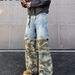 Men's Clothing High Street Stitching Camouflage Jeans Men's Two Piece Distressed Washed Hip Hop Trend Personality Straight Trousers_viptrois.com