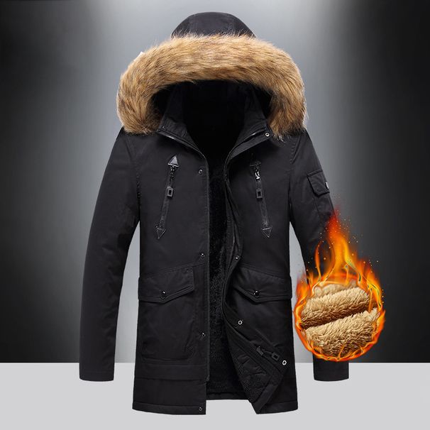 Winter Men's Velvet Thickened Cotton-padded Clothes, Medium And Long Loose Coats, Removable Caps, Windproof And Warm, Middle-aged Men's Cotton Clothes_viptrois.com