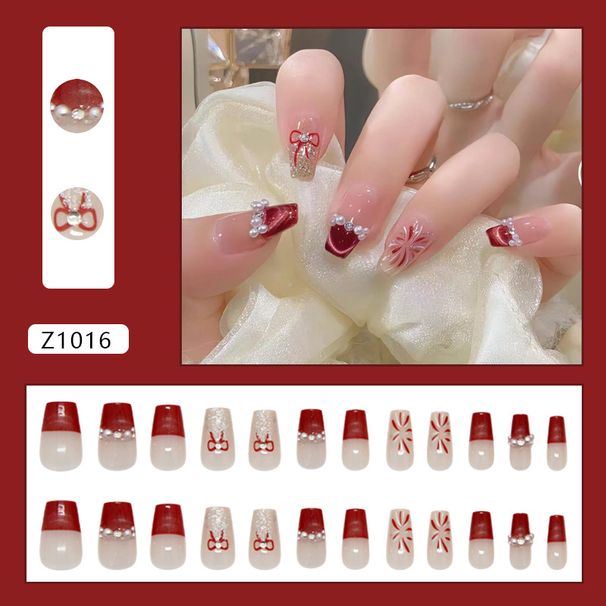 Beauty & Health Red French Fireworks Flash Pearl Bow Cat Eye Ins Style Atmosphere Detachable Nail Art 24 Pieces_viptrois.com