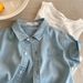 Mother & Kids Boys And Girls Shirts Embroidered Letters Soft Denim Children's Lapel Short Sleeved Shirt_viptrois.com
