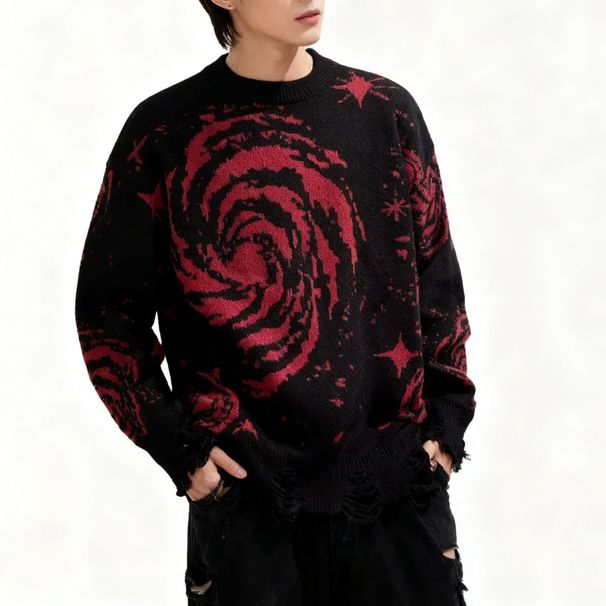 Dark Streetwear Knit Sweater - Cosmic Star Print, Distressed Hem & Fringe Detail, Punk Gothic Style For Men (Black, S/M/L)_viptrois.com