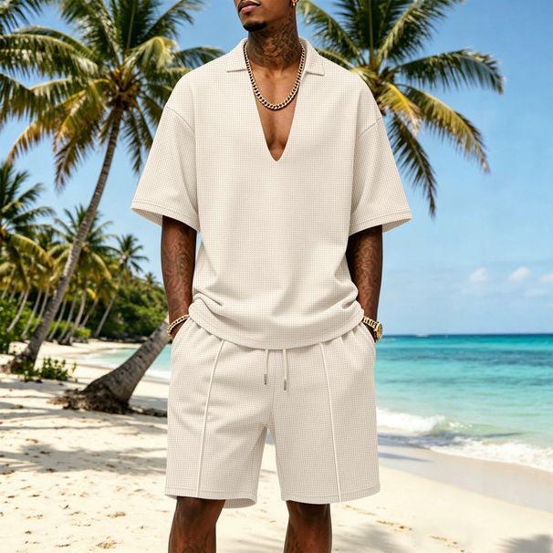 Men's Casual Sportswear Set – Breathable V-Neck T-Shirt & Comfort Shorts – Summer Athleisure Two-Piece Outfit_viptrois.com