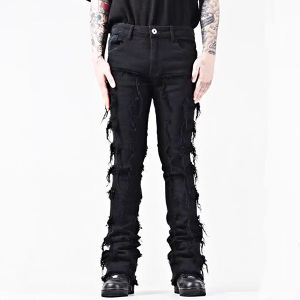 Men's Clothing Retro Tassel Men's Flared Jeans Trendy Men's High Street Slim Patch Denim Trousers_viptrois.com