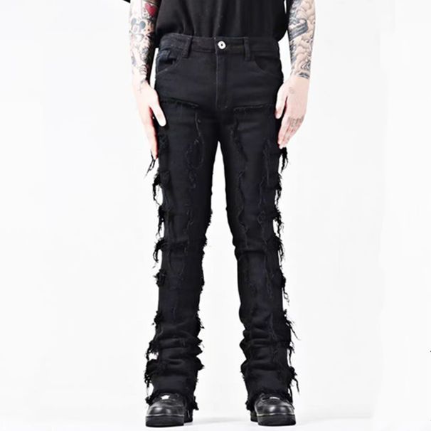 Men's Clothing Retro Tassel Men's Flared Jeans Trendy Men's High Street Slim Patch Denim Trousers_viptrois.com