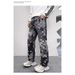 Men's Clothing Mosaic Print Design Jeans Retro Washed Loose Casual Straight Floor Length Wide Leg Trousers_viptrois.com