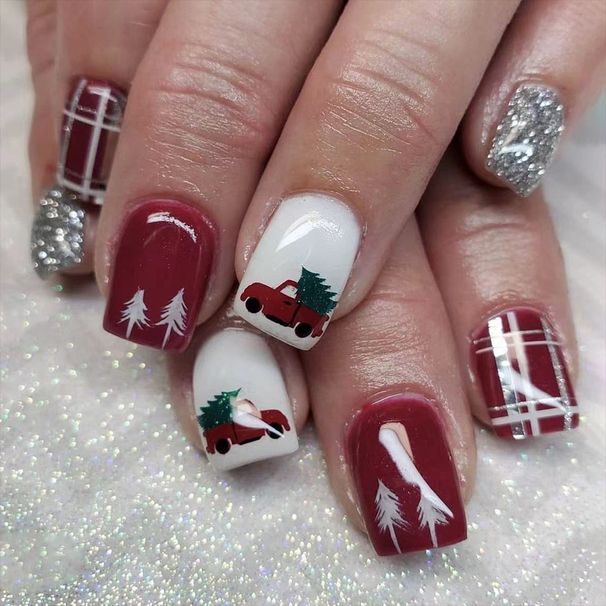 Short Gloss Square Armor 2024 New Christmas Nail Art Glitter Striped Christmas Tree Detachable Dressing Armor 24 Pieces_viptrois.com