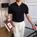 Men's Slim Fit Polo Shirt Summer Light Luxury Striped Lapel Short Sleeved Business Casual Handsome Knitted T-Shirt_viptrois.com
