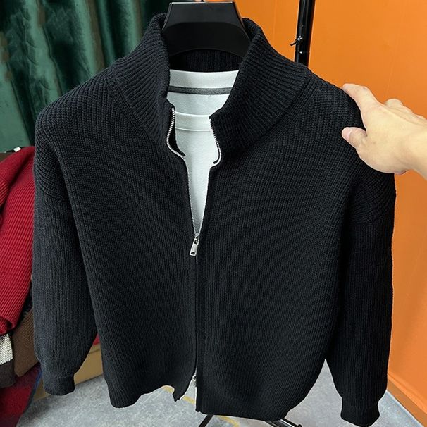 Men's Stand Collar Zip-Up Knit Cardigan – Slim Fit Winter Sweater (Black/Red/Grey/Apricot, M-3XL)_viptrois.com