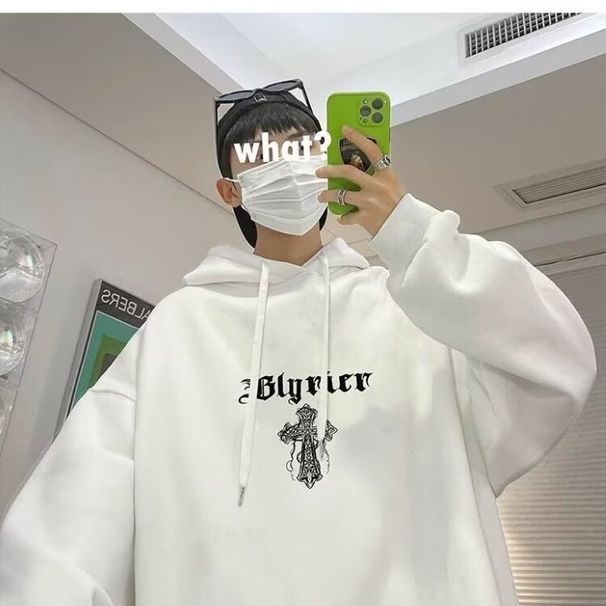 American High Street Trendy Brand Cross Print Design Hooded Fleece Sweatshirt For Men Women Spring And Autumn New Style_viptrois.com
