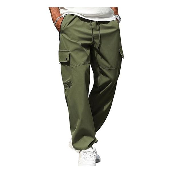 Men's Clothing Men's Jogging Casual Solid Color Drawstring Multi Pocket Straight Outdoor Workwear Trousers_viptrois.com