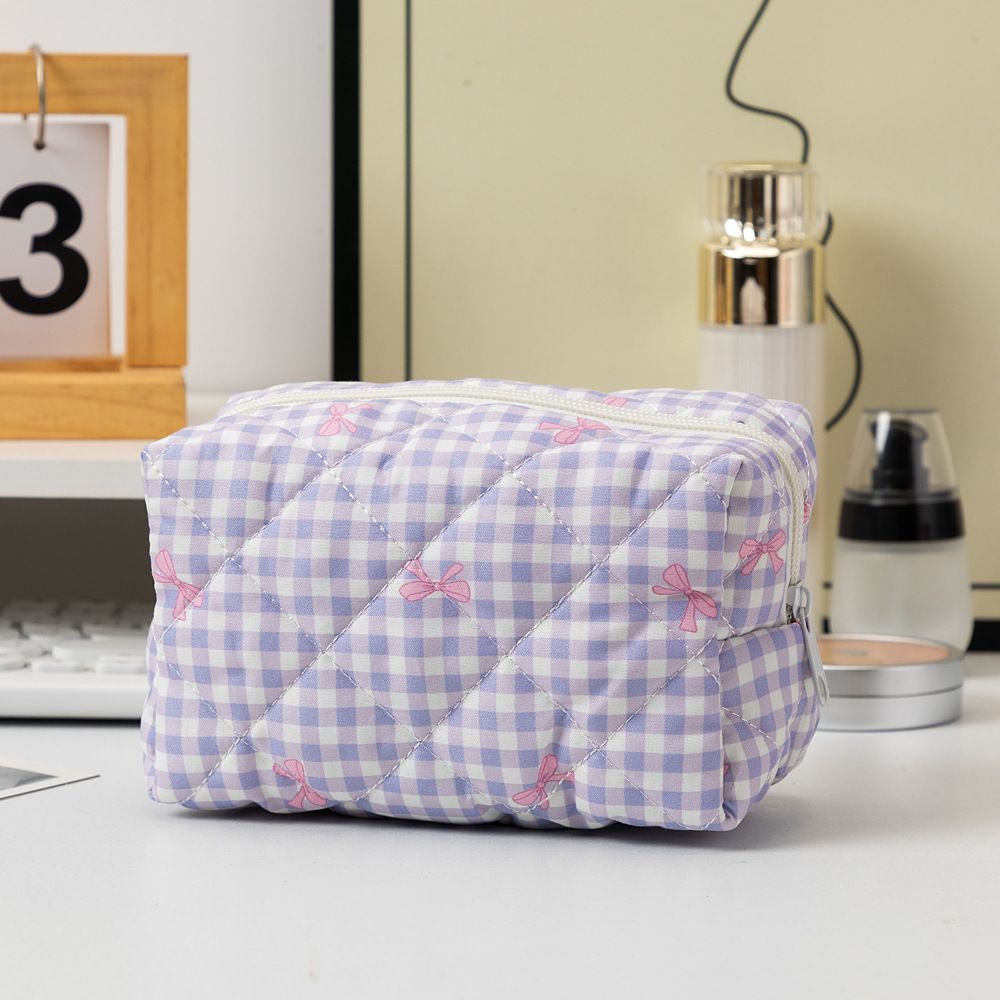 Women's Bags New Plaid Bow Large Hand Held Cosmetic Bag Coin Bag Portable Small Fresh Students_viptrois.com
