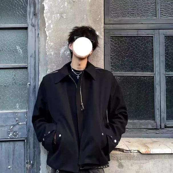 American Black Short Coat Male Ruffian Handsome Lapel Front Shoulder Design Sense Niche High Sense Jacket Tide_viptrois.com