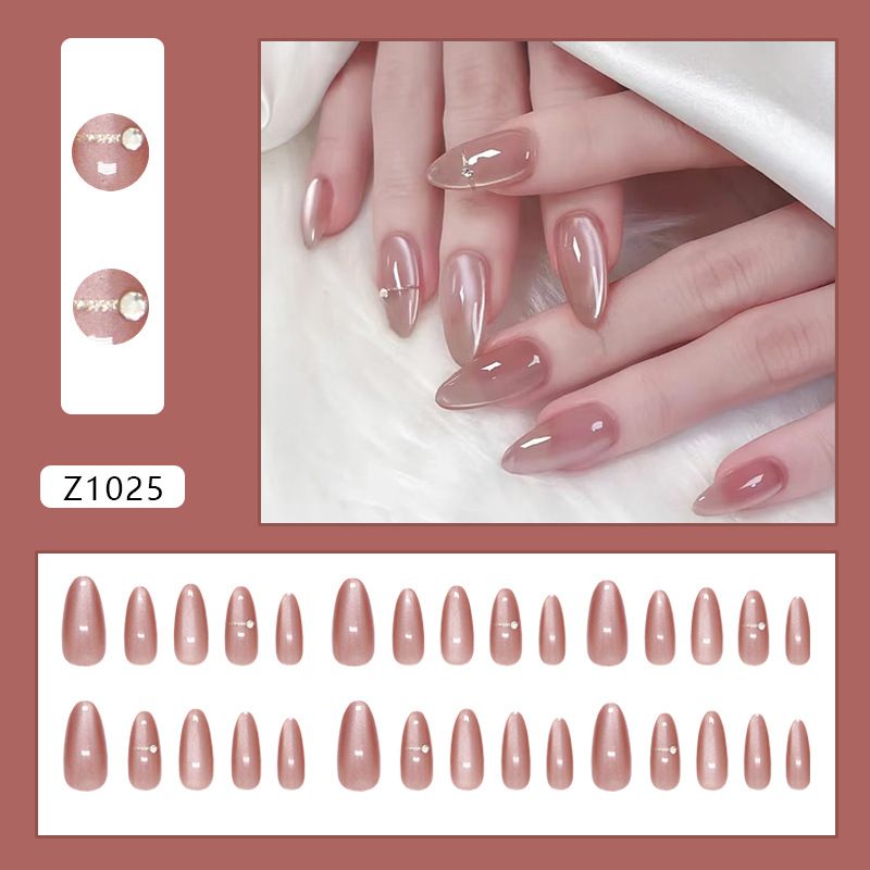 Simple Fine Diamond Medium Length Almond Nail Detachable Nail Art Fashionable European And American Style Nail Art 30 Pieces_viptrois.com