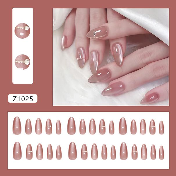 Simple Fine Diamond Medium Length Almond Nail Detachable Nail Art Fashionable European And American Style Nail Art 30 Pieces_viptrois.com