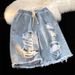 Men's Clothing Niche All Match Retro Distressed Blue Loose Straight Wide Leg Cropped Pants Drape Denim Shorts_viptrois.com