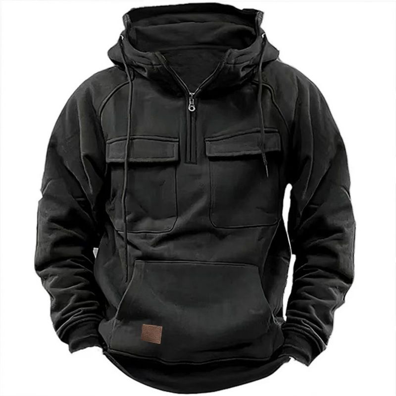 Autumn Winter New Men's Hooded Solid Color Youth Sports Multi Pocket Patch Leather Hoodie Jacket For Men_viptrois.com