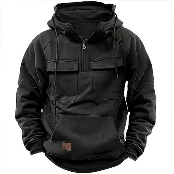 Autumn Winter New Men's Hooded Solid Color Youth Sports Multi Pocket Patch Leather Hoodie Jacket For Men_viptrois.com