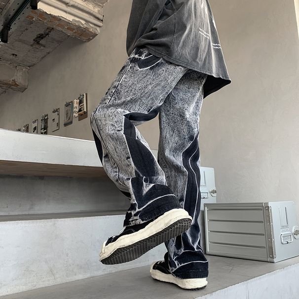 Loom European And High Street Vibe Ins Trendy Brand Tie-Dye Retro Jeans Men's American Hip-Hop Straight Pants Autumn_viptrois.com