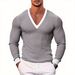 Men's Ribbed Texture Long Sleeve Shirt – Contrast V-Neck Pullover (Breathable Polyester, Slim Fit, Unisex Casual Top For Fall/Winter)_viptrois.com
