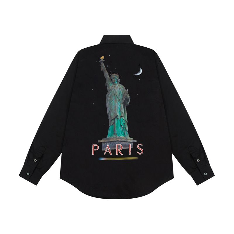 Trendy Design Statue Of Liberty Print Loose Top 2025 Autumn New Pure Cotton Long Sleeve Black Shirt_viptrois.com