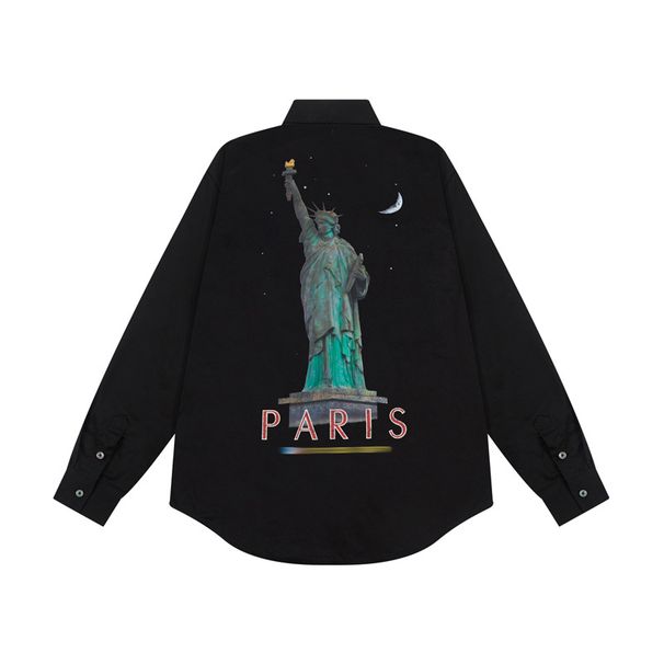Trendy Design Statue Of Liberty Print Loose Top 2025 Autumn New Pure Cotton Long Sleeve Black Shirt_viptrois.com