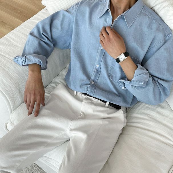 Men's Clothing Washed Distressed Denim Shirt Loose Long Sleeved Work Shirt Jacket_viptrois.com