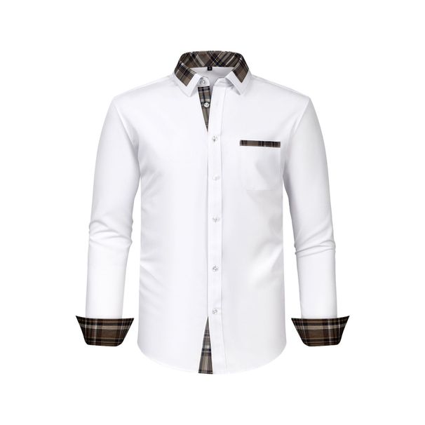Men's Clothing Four Sided Stretch Shirt Men's Color Matching Casual Long Sleeved Shirt Men's Slim Plaid Collar Shirt Foreign Trade_viptrois.com