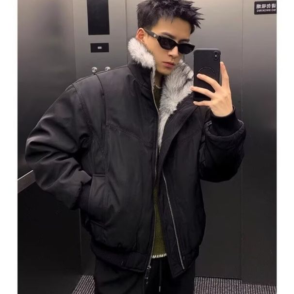Autumn American Retro Mountain Eagle Fur Collar Structure Cotton Winter Thickened Flight Jacket Coat_viptrois.com