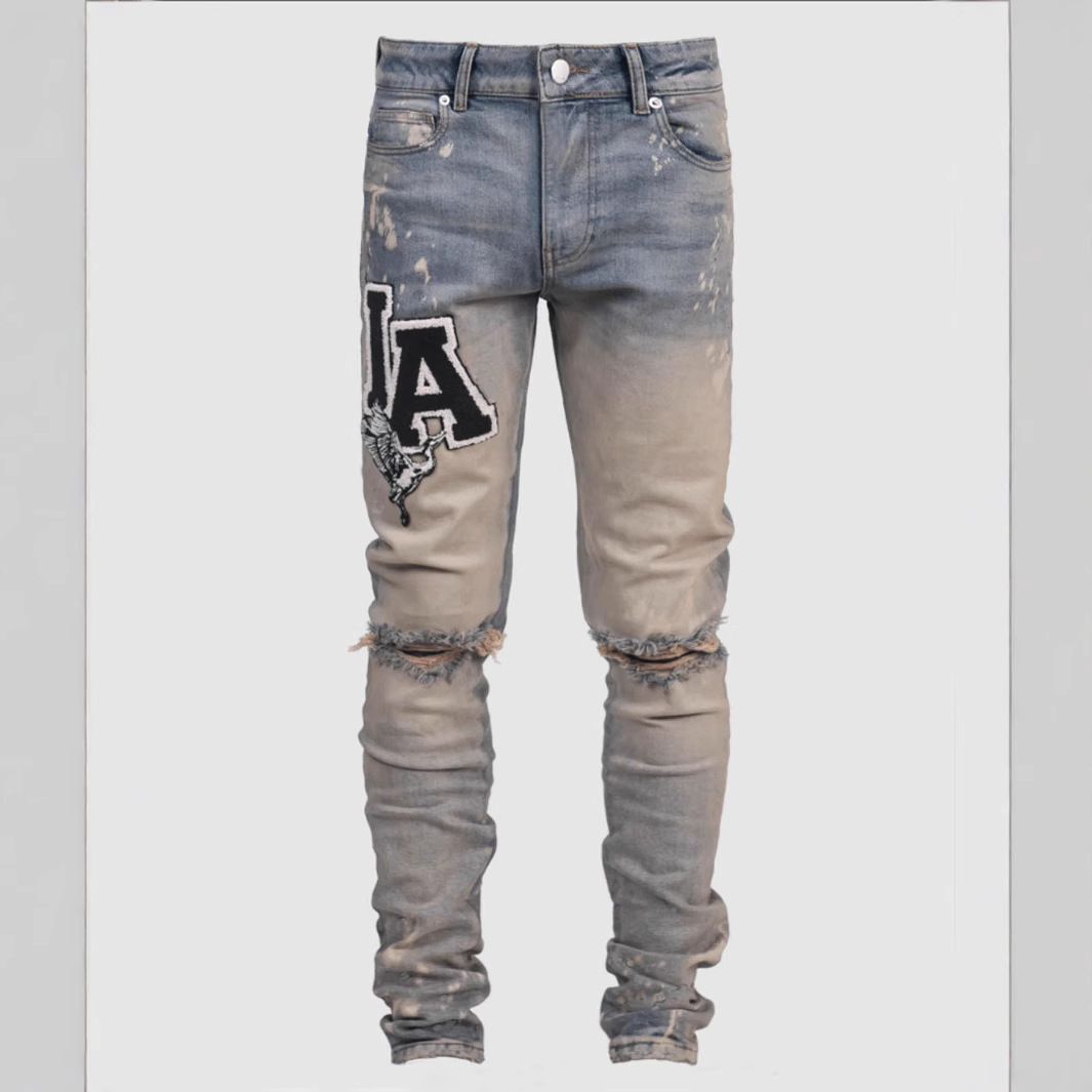 Men's Clothing High Street Fashion Trend Men's Jeans Blue Slim Fit Elastic Patch Print Design Foreign Trade Wholesale Jeans Men_viptrois.com