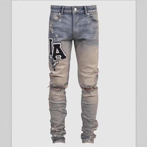 Men's Clothing High Street Fashion Trend Men's Jeans Blue Slim Fit Elastic Patch Print Design Foreign Trade Wholesale Jeans Men_viptrois.com