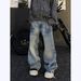 American Lightning Pattern Curved Knife Jeans Men's Trendy High Street Vibe Style Couple Straight Leg Micro Flared Pants_viptrois.com