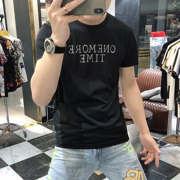 Men's Slim Fit Short Sleeve T-Shirt Lettered Trendy Brand Summer Casual Handsome White Top_viptrois.com