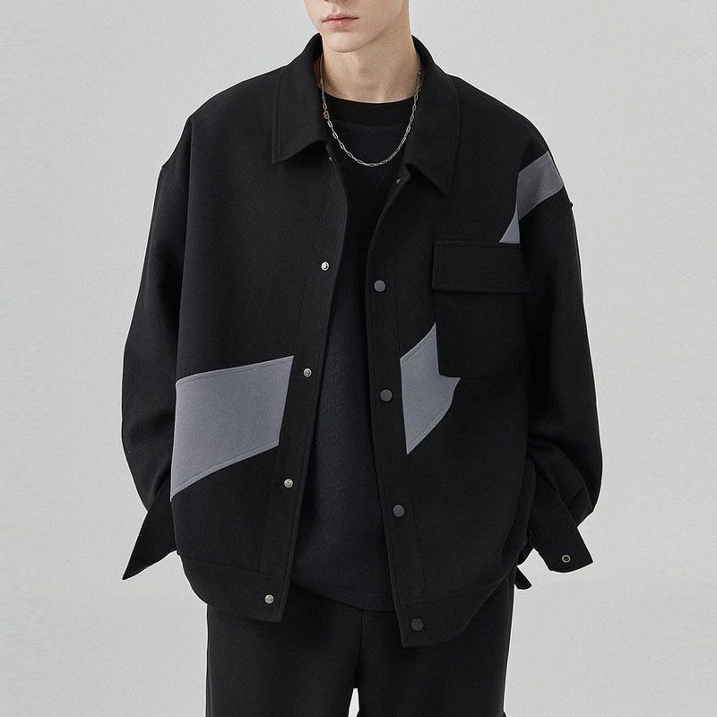 Contrasting Color Splicing Design Lapel Jacket Loose Autumn Korean Version Casual Coat Men_viptrois.com