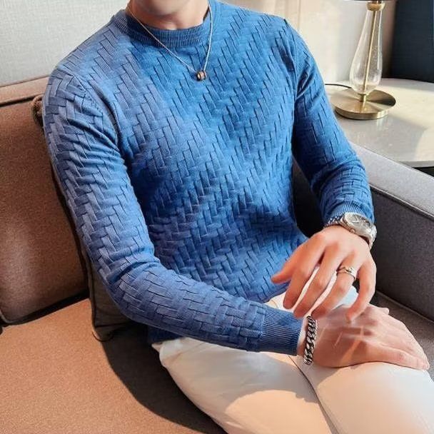 Men's Clothing Sweater Men's Fashion Jacquard Knitted Autumn and Winter High end Slim Fit Casual Round Neck Long Sleeve Bottoming Shirt_viptrois.com