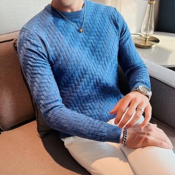 Men's Clothing Sweater Men's Fashion Jacquard Knitted Autumn and Winter High end Slim Fit Casual Round Neck Long Sleeve Bottoming Shirt_viptrois.com