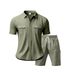 Men's Solid Color Short Sleeve Two Piece Set Casual Workwear Sports Loose Fit Cotton Polyester Linen Blend For Summer - Black Gray Khaki_viptrois.com